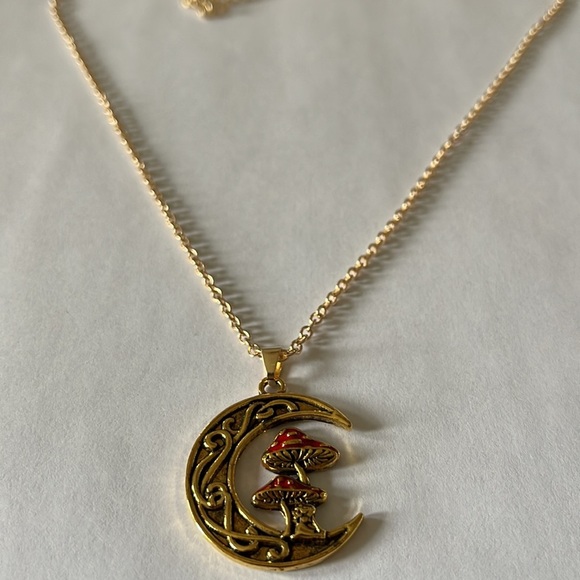 Boho Zinc Gold tinted Mushroom Crescent Moon Charm Necklace - Picture 3 of 4
